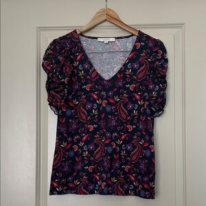 LOFT V-Neck Blouse with Paisley Print - Navy and Red